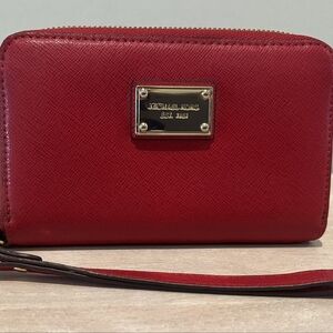 Michael Kors Red Saffiano Leather Wristlet Wallet with Gold Trim EUC